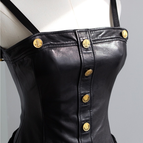 Chanel Vintage S/S 1987 Black Lambskin Leather Lace Gold Wheat Mini Dress - Picture 8 of 16